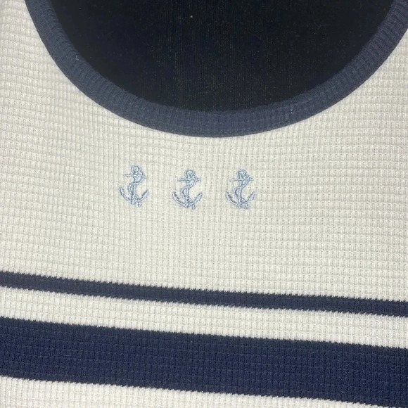 Liz Claiborne Womens Large Nautical Cropped White Navy Embroidered Short Sleeve - Picture 6 of 9